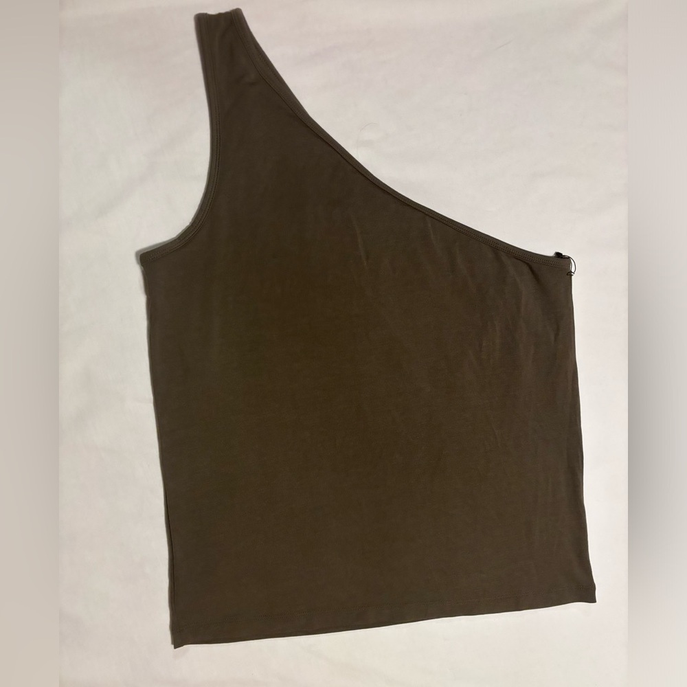 The Drop NWT, olive, one shoulder knit top with shelf bra, XL